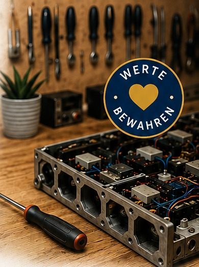 Werkbank mit Werkzeugen und einer geöffneten elektronischen Baugruppe
